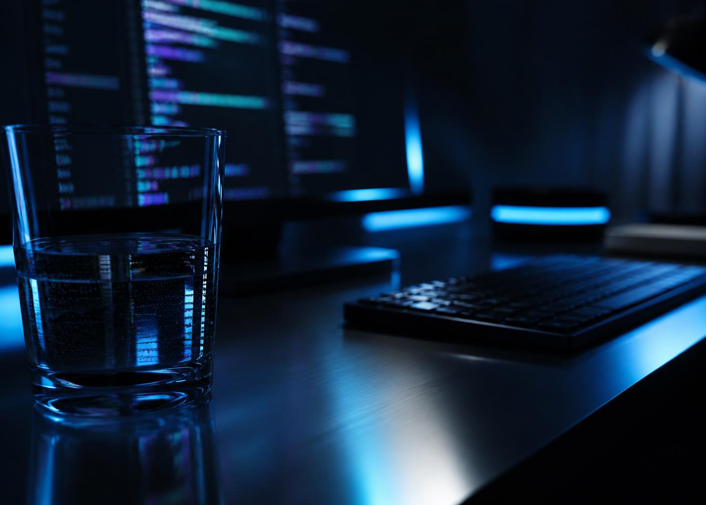 Dark developer workspace with code on screen, representing WX CORP's build process