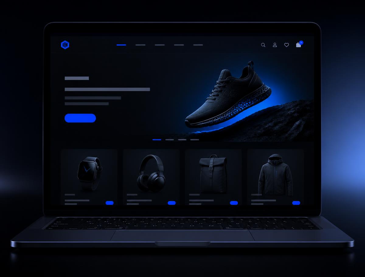 Concept mockup of a dark premium e-commerce storefront on a laptop